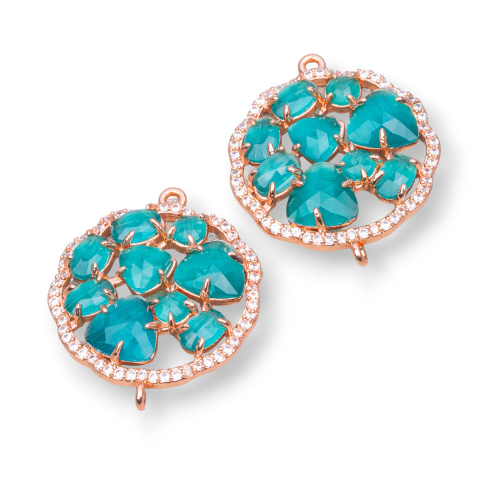 Runder Blumen-Messing-Komponentenverbinder mit eingebettetem Katzenauge und Zirkonen, 24 mm, 4 Stück, Roségold, Grün