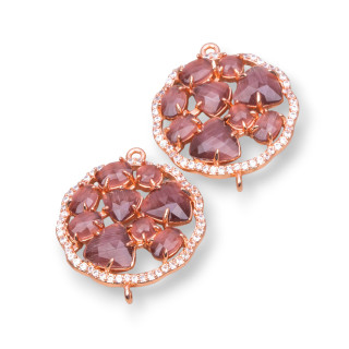 Runder Blumen-Messing-Komponentenverbinder mit eingebettetem Katzenauge und Zirkonen, 24 mm, 4 Stück, Roségold, Lila