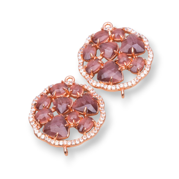 Runder Blumen-Messing-Komponentenverbinder mit eingebettetem Katzenauge und Zirkonen, 24 mm, 4 Stück, Roségold, Lila