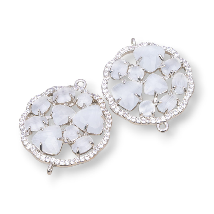 Connecteur de composant en laiton fleur ronde avec oeil de chat et zircons intégrés 24mm 4pcs plaqué rhodium blanc