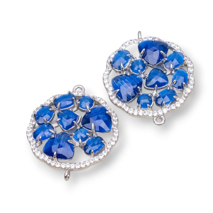 Brass Component Connector Round Flower with Cat's Eye Set and Zircons 24mm 4pcs Rhodium Plated Sapphire Blue