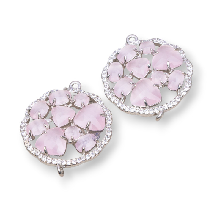 Connecteur de composant en laiton fleur ronde avec oeil de chat intégré et Zircons 24mm 4pcs poudre de rhodium