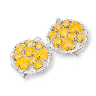 Brass Component Connector Round Flower with Cat's Eye Set and Zircons 24mm 4pcs Rhodium Plated Yellow