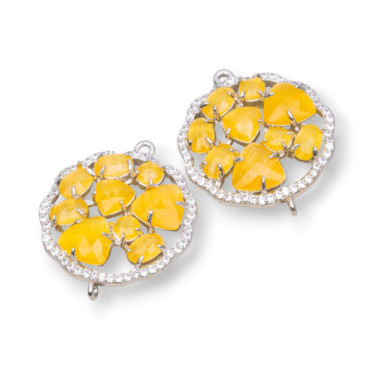 Runder Blumen-Messing-Komponentenverbinder mit eingebettetem Katzenauge und Zirkonen, 24 mm, 4 Stück, rhodiniert, gelb