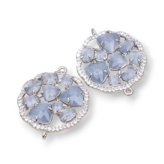 Connecteur De Composants En Laiton Fleur Ronde Avec Oeil De Chat Et Zircons Intégrés 24mm 4pcs Gris Plaqué Rhodium