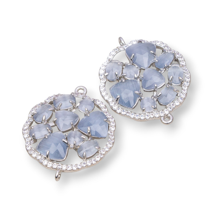 Connecteur De Composants En Laiton Fleur Ronde Avec Oeil De Chat Et Zircons Intégrés 24mm 4pcs Gris Plaqué Rhodium