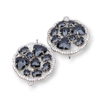 Runder Blumen-Messing-Komponentenverbinder mit eingebettetem Katzenauge und Zirkonen, 24 mm, 4 Stück, rhodiniert, schwarz