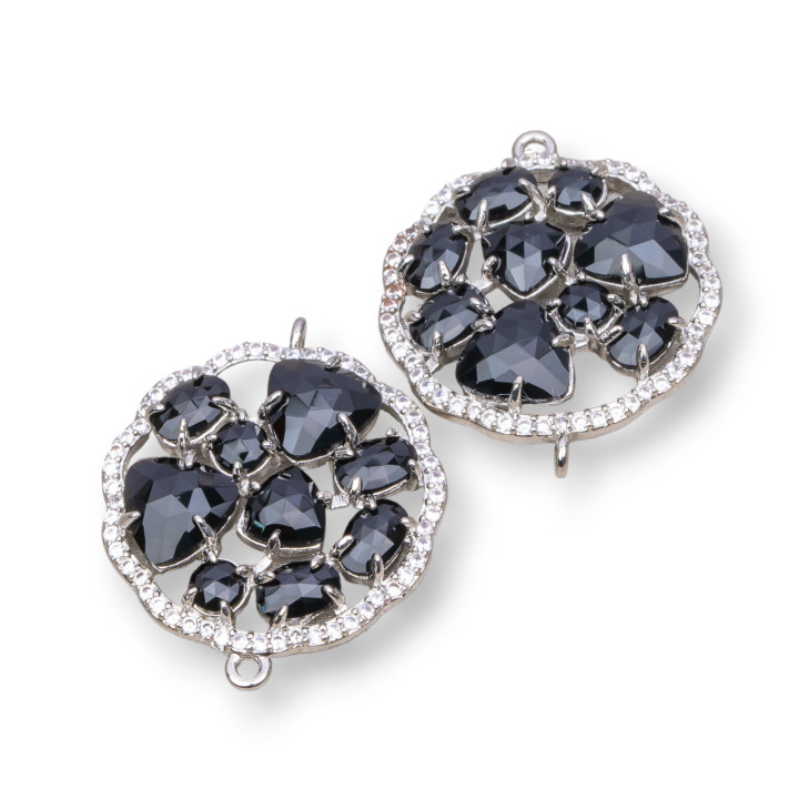 Connettore Componente Di Ottone A Fiore Tondo Con Occhio Di Gatto Incastonato E Zirconi 24mm 4pz Rodiato Nero