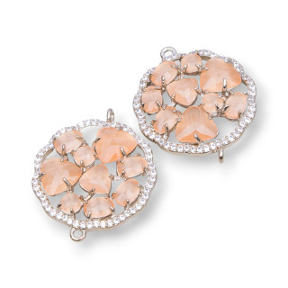 Brass Component Connector Round Flower with Cat's Eye Set and Zircons 24mm 4pcs Rhodium Plated Peach