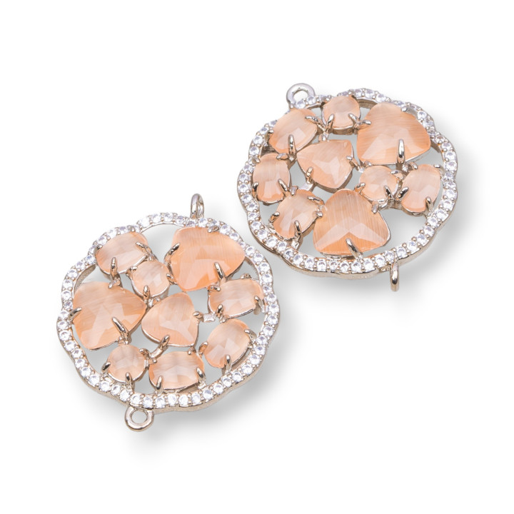 Connecteur de Composant en Laiton Fleur Ronde avec Oeil de Chat et Zircons Intégrés 24mm 4pcs Pêche Plaqué Rhodium