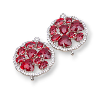 Runder Blumen-Messing-Komponentenverbinder mit eingebettetem Katzenauge und Zirkonen, 24 mm, 4 Stk., rhodiniert, rot