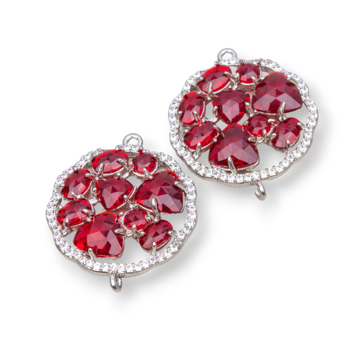 Brass Component Connector Round Flower with Cat's Eye Set and Zircons 24mm 4pcs Rhodium Plated Red