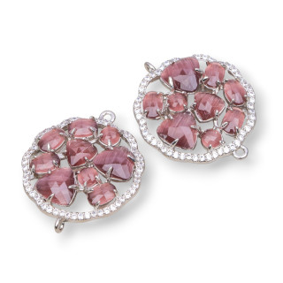 Connettore Componente Di Ottone A Fiore Tondo Con Occhio Di Gatto Incastonato E Zirconi 24mm 4pz Rodiato Viola