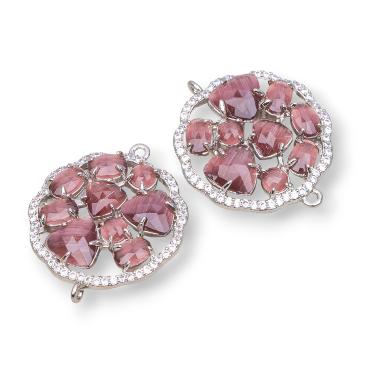 Connettore Componente Di Ottone A Fiore Tondo Con Occhio Di Gatto Incastonato E Zirconi 24mm 4pz Rodiato Viola