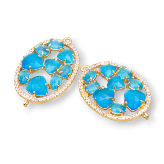 Brass Component Connector in Oval Shape with Cat's Eye Set and Zircons 22x29mm 4pcs Golden Blue