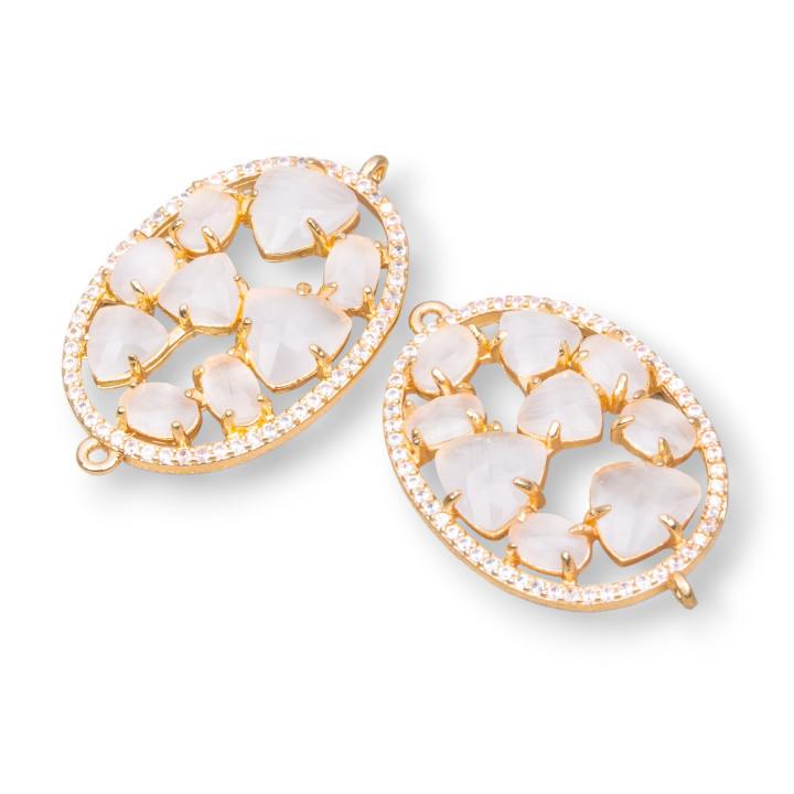 Brass Component Connector in Oval Shape with Cat's Eye Set and Zircons 22x29mm 4pcs Golden White