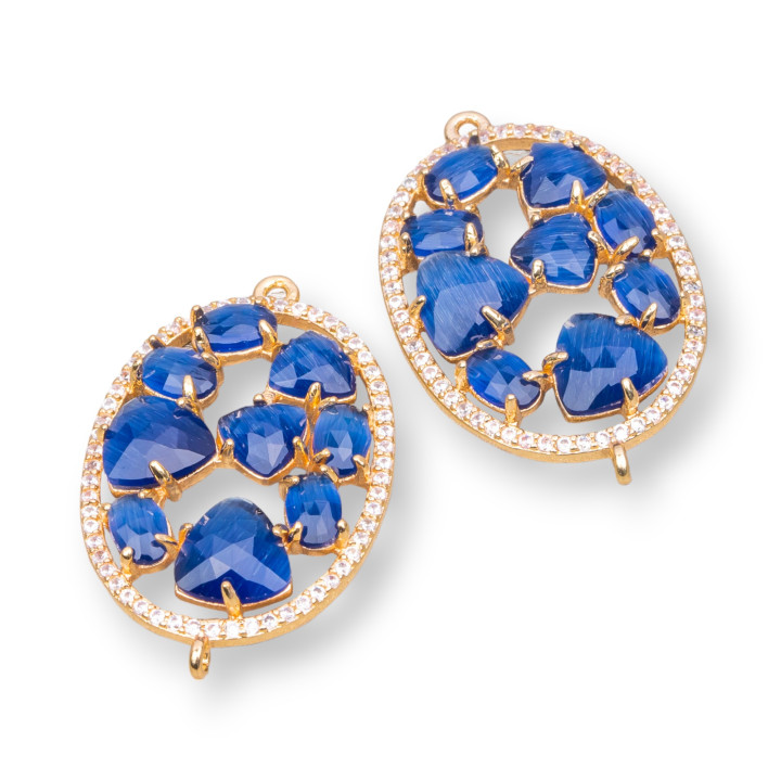 Connettore Componente Di Ottone a Forma Ovale Con Occhio Di Gatto Incastonato E Zirconi 22x29mm 4pz Dorato Blu Zaffiro