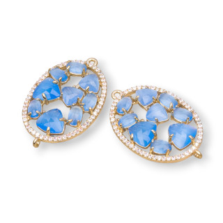 Connecteur Laiton Forme Ovale Avec Oeil De Chat Et Zircons Intégrés 22x29mm 4pcs Doré Bleu Ciel