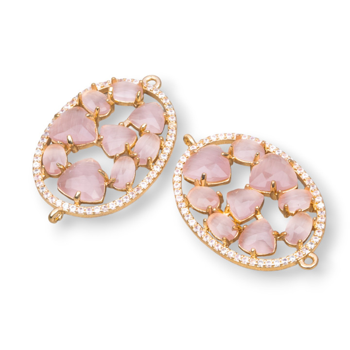 Ορειχάλκινος σύνδεσμος εξαρτημάτων σε οβάλ σχήμα με σετ Cat's Eye και ζιρκόν 22x29mm 4τμχ Χρυσή Πούδρα