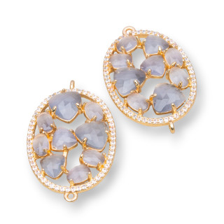 Brass Component Connector in Oval Shape with Cat's Eye Set and Zircons 22x29mm 4pcs Golden Gray