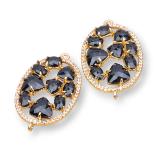 Conector de componente de latón de forma ovalada con ojo de gato integrado y circonitas 22x29 mm 4 piezas Negro dorado