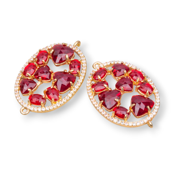 Connecteur de composant en laiton de forme ovale avec oeil de chat et zircons intégrés 22x29mm 4pcs rouge doré