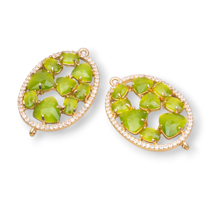 Oval Shaped Brass Component Connector With Set Cat's Eye And Zircons 22x29mm 4pcs Acid Green Golden