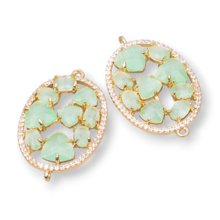 Brass Component Connector in Oval Shape with Cat's Eye Set and Zircons 22x29mm 4pcs Golden Light Green