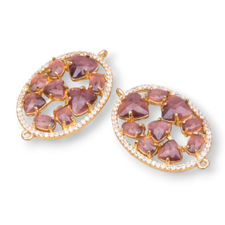Connecteur de composant en laiton de forme ovale avec oeil de chat et zircons intégrés 22x29mm 4pcs doré violet