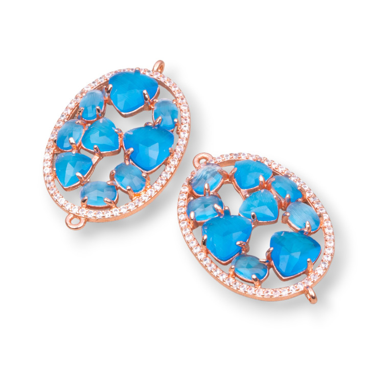 Brass Component Connector in Oval Shape with Cat's Eye Set and Zircons 22x29mm 4pcs Rose Gold Blue