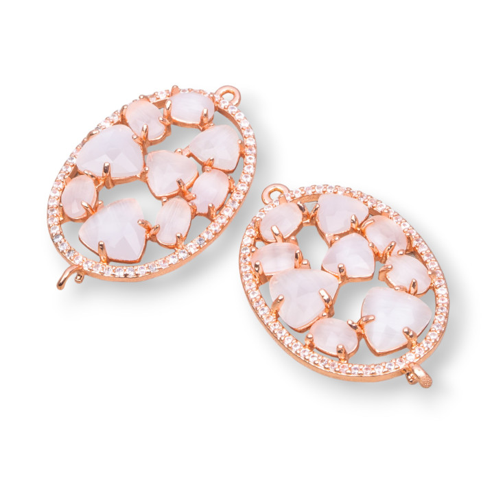 Conector de componente de latón de forma ovalada con ojo de gato incrustado y circonitas 22x29 mm 4 piezas Oro rosa Blanco