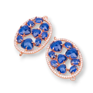Connecteur de composant en laiton de forme ovale avec œil de chat et zircons intégrés 22x29mm 4pcs or rose bleu saphir
