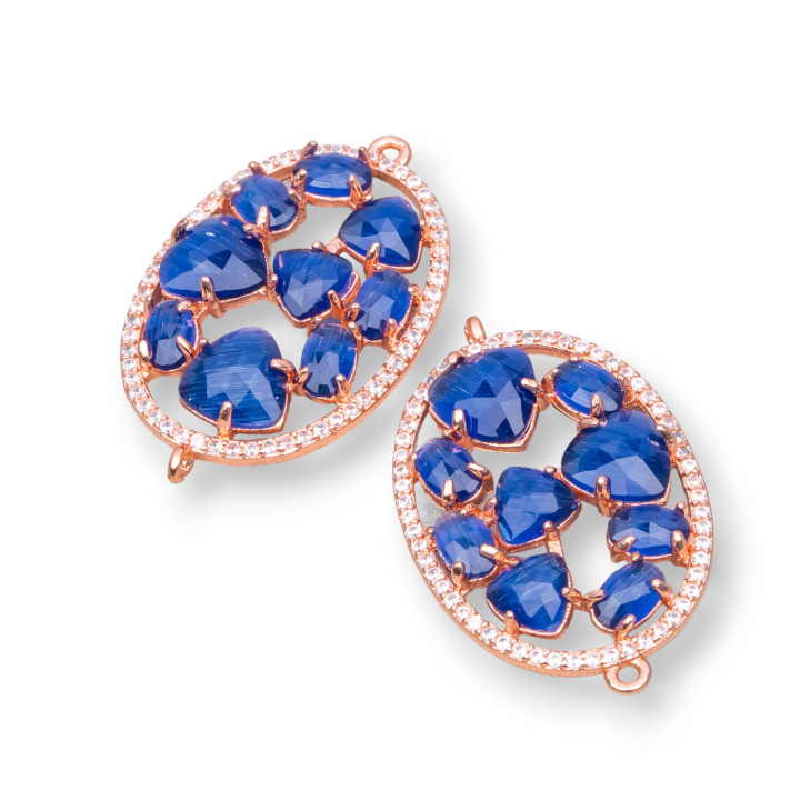 Oval Shaped Brass Component Connector with Cat's Eye Set and Zircons 22x29mm 4pcs Rose Gold Blue Sapphire