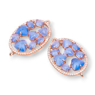 Connecteur Laiton Forme Ovale Avec Oeil De Chat Et Zircons Incorporés 22x29mm 4pcs Or Rose Bleu Clair