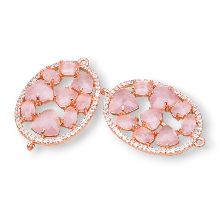 Connecteur de composant en laiton de forme ovale avec oeil de chat intégré et zircons 22x29mm 4pcs poudre d'or rose