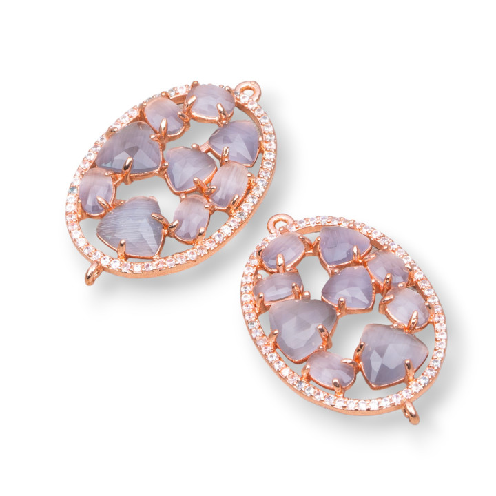 Connecteur de Composants en Laiton de Forme Ovale avec Oeil de Chat et Zircons Intégrés 22x29mm 4pcs Or Rose Gris