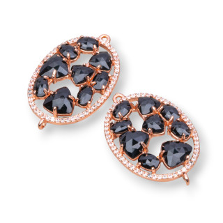 Brass Component Connector in Oval Shape with Cat's Eye Set and Zircons 22x29mm 4pcs Rose Gold Black