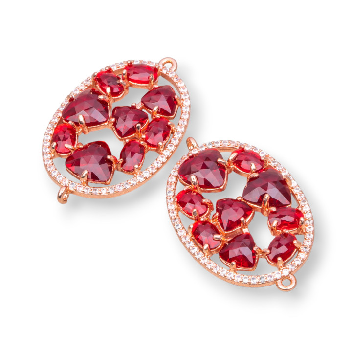 Connecteur de composant en laiton de forme ovale avec œil de chat et zircons intégrés 22x29mm 4pcs Or rose rouge