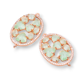 Conector de componente de latón de forma ovalada con ojo de gato incrustado y circonitas 22x29 mm 4 piezas Oro rosa Verde claro