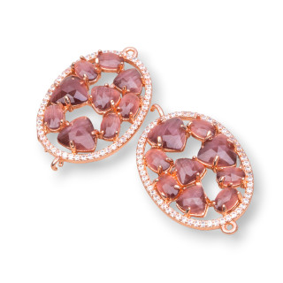 Oval Shaped Brass Component Connector with Set Cat's Eye and Zircons 22x29mm 4pcs Rose Gold Purple