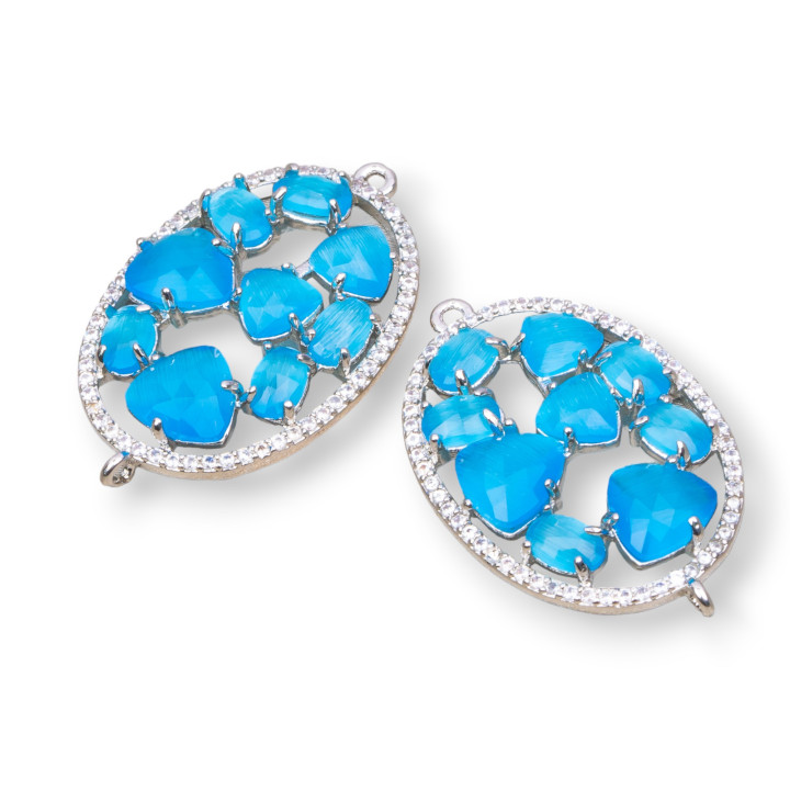 Brass Component Connector in Oval Shape with Cat's Eye Set and Zircons 22x29mm 4pcs Rhodium Plated Light Blue