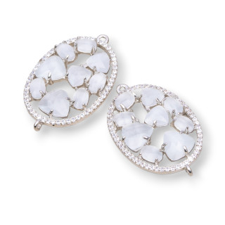 Conector de componente de latón de forma ovalada con ojo de gato integrado y circonitas 22x29 mm 4 piezas rodiado blanco