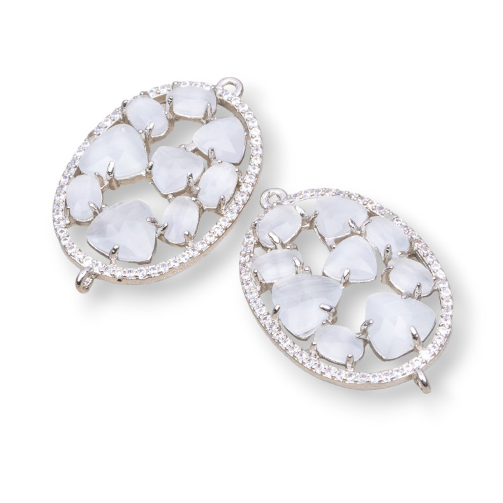 Conector de componente de latón de forma ovalada con ojo de gato integrado y circonitas 22x29 mm 4 piezas rodiado blanco