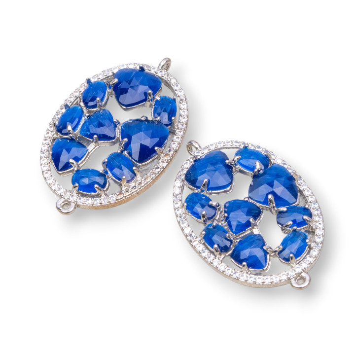 Brass Component Connector in Oval Shape with Cat's Eye Set and Zircons 22x29mm 4pcs Rhodium Plated Blue