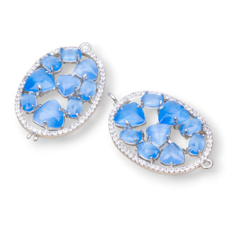 Conector de componente de latón de forma ovalada con ojo de gato integrado y circonitas 22x29 mm 4 piezas azul rodiado