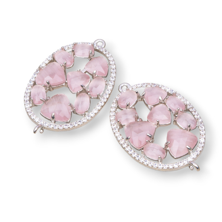 Connecteur de composant en laiton de forme ovale avec oeil de chat intégré et Zircons 22x29mm 4pcs poudre plaquée rhodium