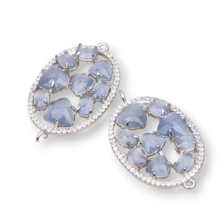 Connecteur de composant en laiton de forme ovale avec oeil de chat et zircons intégrés 22x29mm 4pcs gris plaqué rhodium