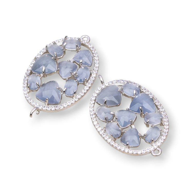 Connecteur de composant en laiton de forme ovale avec oeil de chat et zircons intégrés 22x29mm 4pcs gris plaqué rhodium