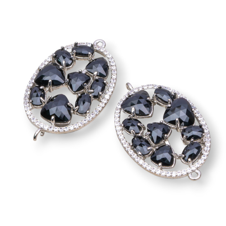 Oval Shaped Brass Component Connector with Cat's Eye Set and Zircons 22x29mm 4pcs Black Rhodium Plated
