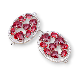 Connecteur de composant en laiton de forme ovale avec oeil de chat et zircons intégrés 22x29mm 4pcs rhodium rouge